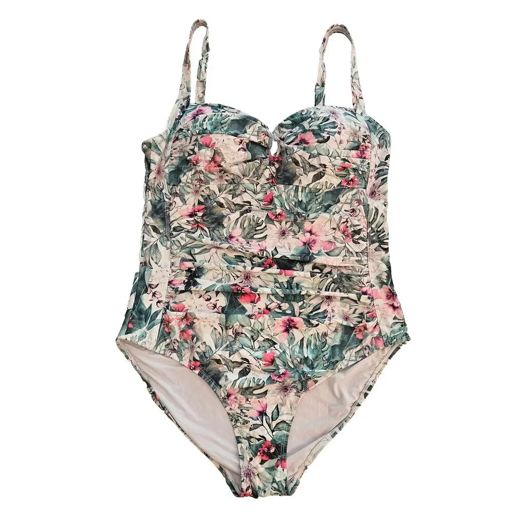 Nip Tuck 1 Piece Swimsuit Sz 10 Floral Side Ruching Adjustable Straps Padded Cup